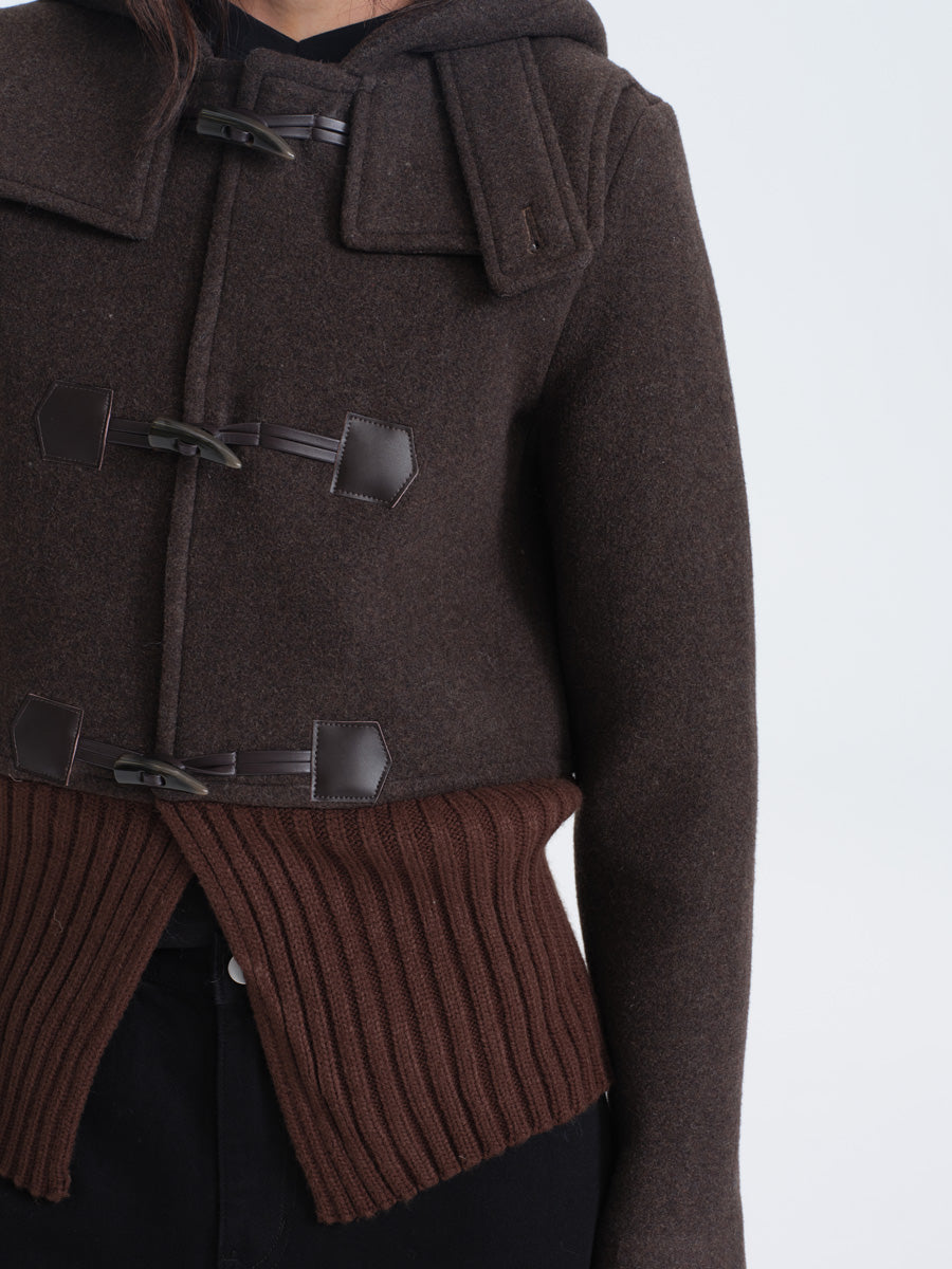 HUGHUM Brown Wool Blend Coat with Ribbed Trim