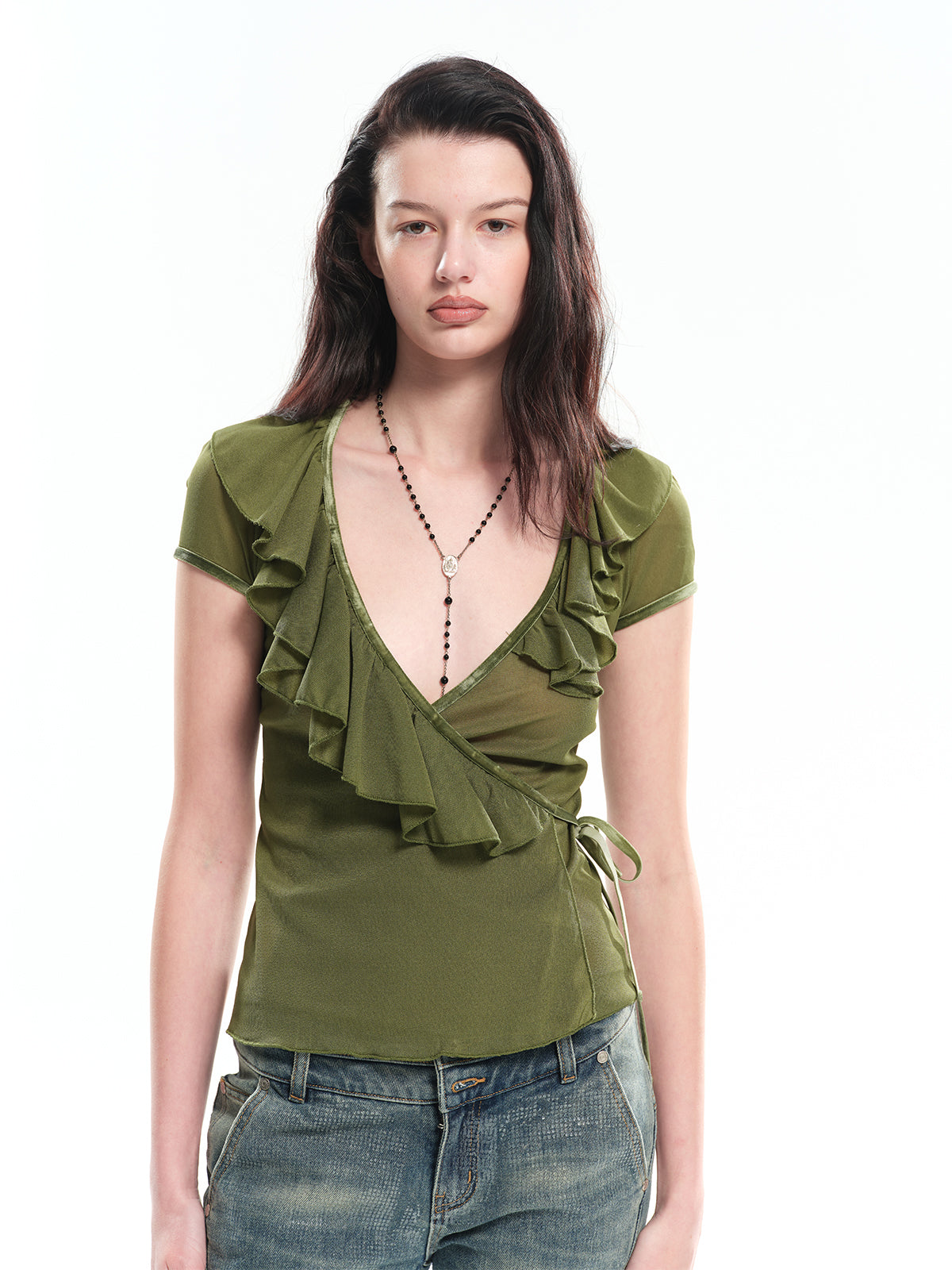 Dotyears Deep V-neck Ruffled Lace-up Acetic Acid Cardigan