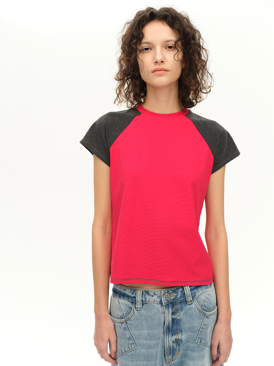 Hughum Raglan Sleeve Color-Blocked Cotton-Feel Short-Sleeve T-Shirt