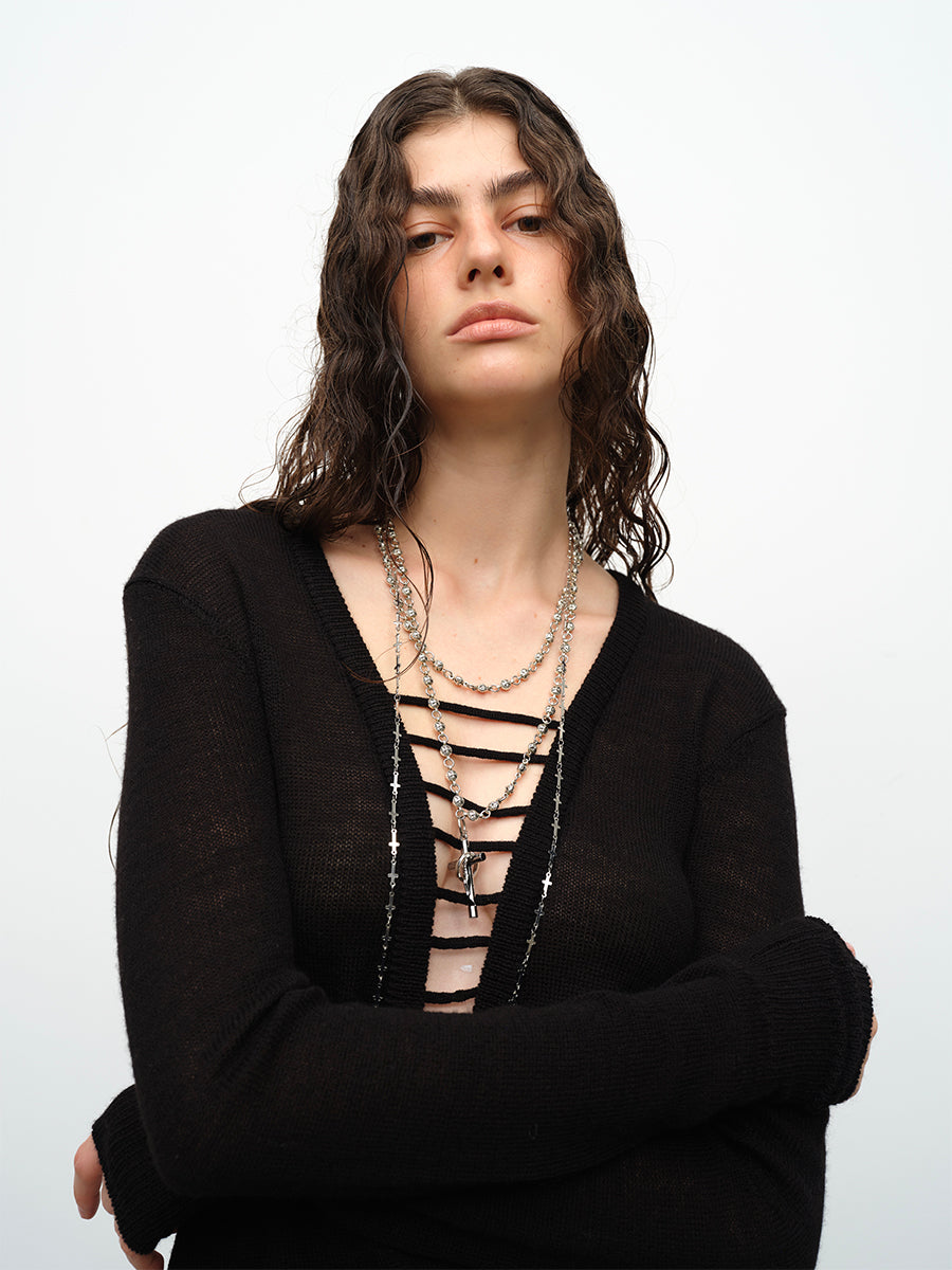 Dotyears24AW Wool hand-drawn knit pullover two-tone sweater