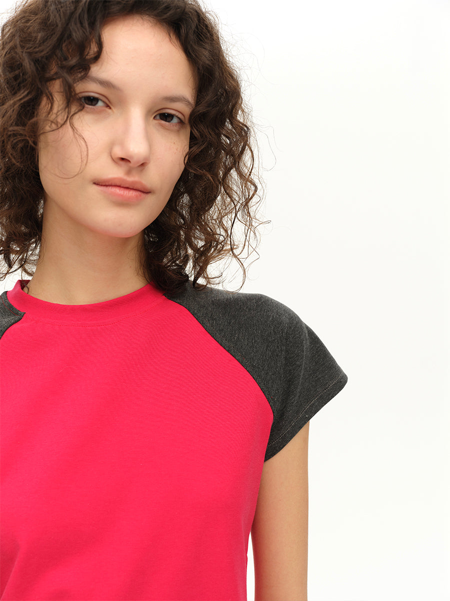 Hughum Raglan Sleeve Color-Blocked Cotton-Feel Short-Sleeve T-Shirt