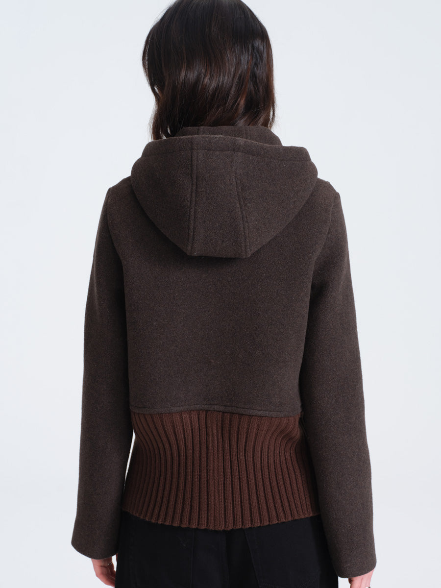 HUGHUM Brown Wool Blend Coat with Ribbed Trim