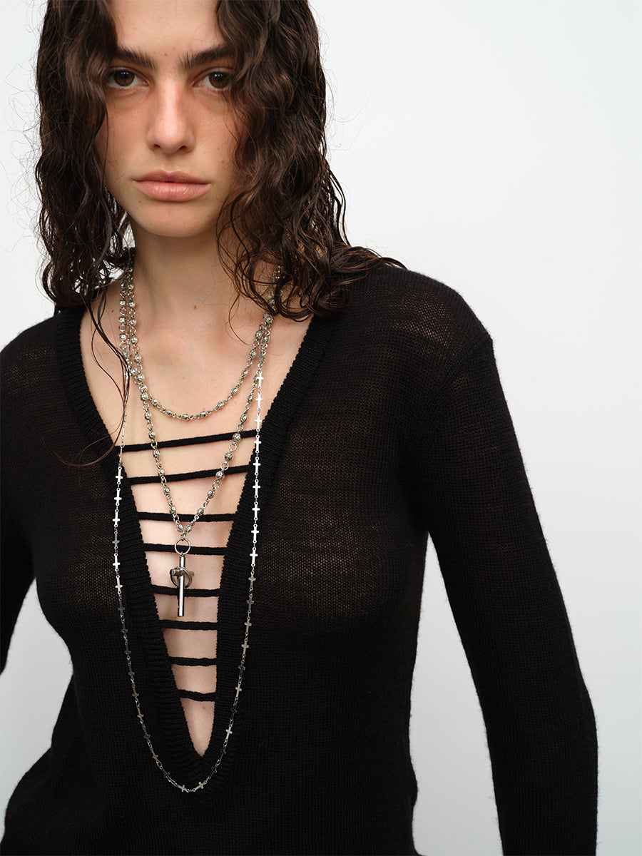 Dotyears24AW Wool hand-drawn knit pullover two-tone sweater