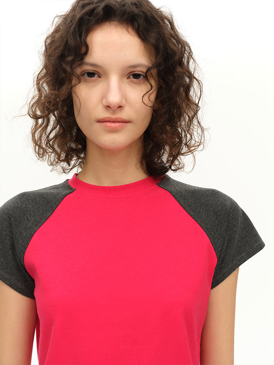 Hughum Raglan Sleeve Color-Blocked Cotton-Feel Short-Sleeve T-Shirt