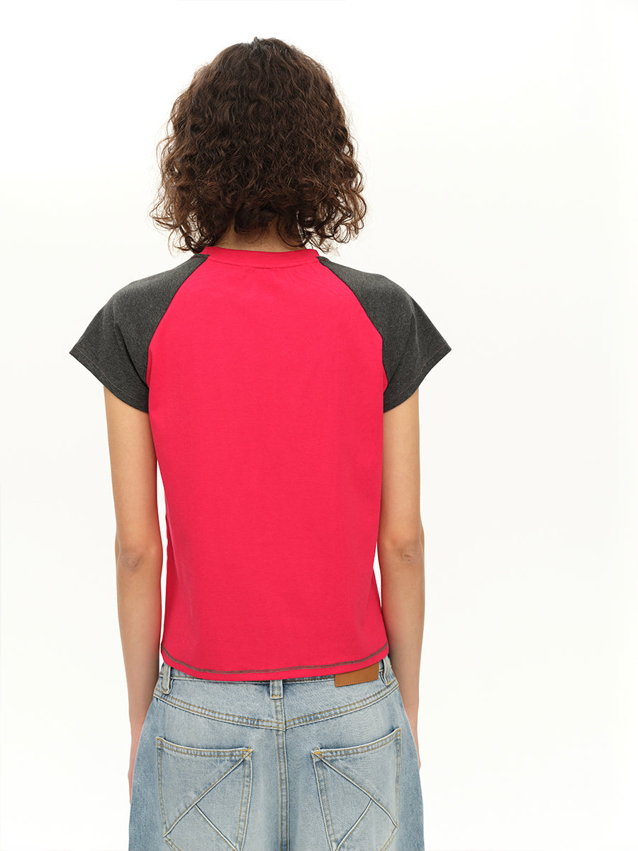 Hughum Raglan Sleeve Color-Blocked Cotton-Feel Short-Sleeve T-Shirt