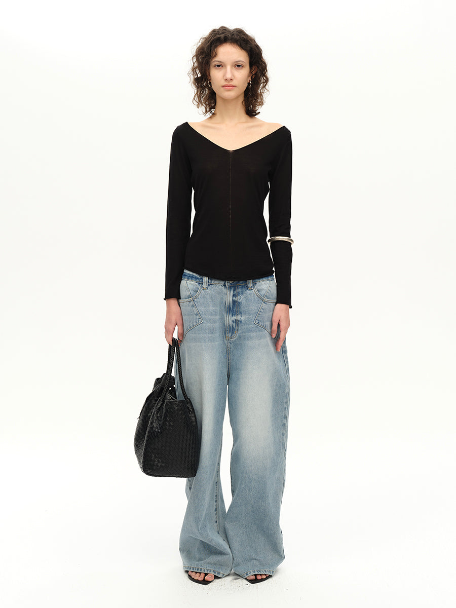 Hughum V-neck Tencel knit cut-out yellow black long sleeves