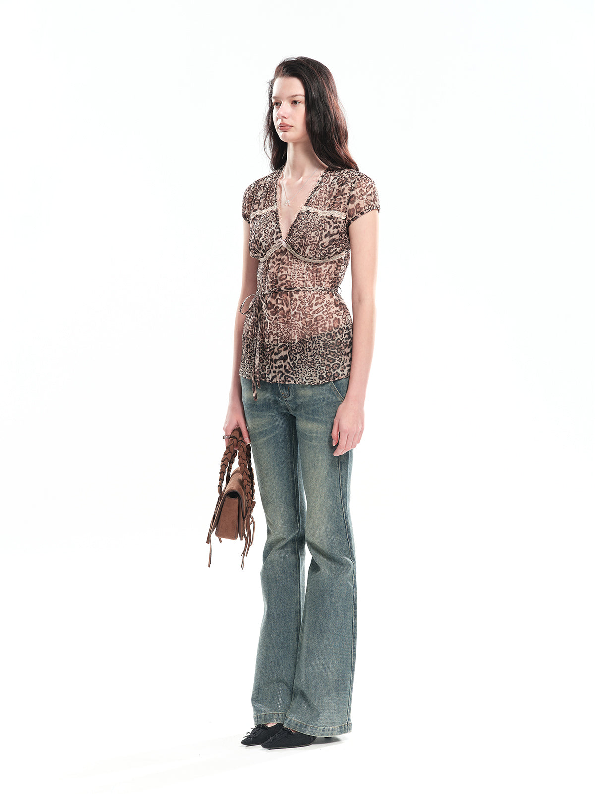 Dotyears Leopard print pullover top with contrast lace trim and tie waist