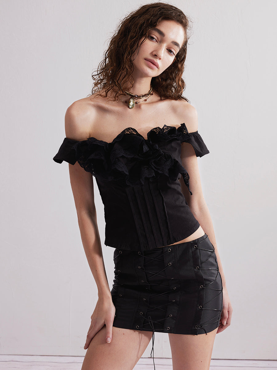 Dotyears24ss Lace roll lace panelled one-shoulder top