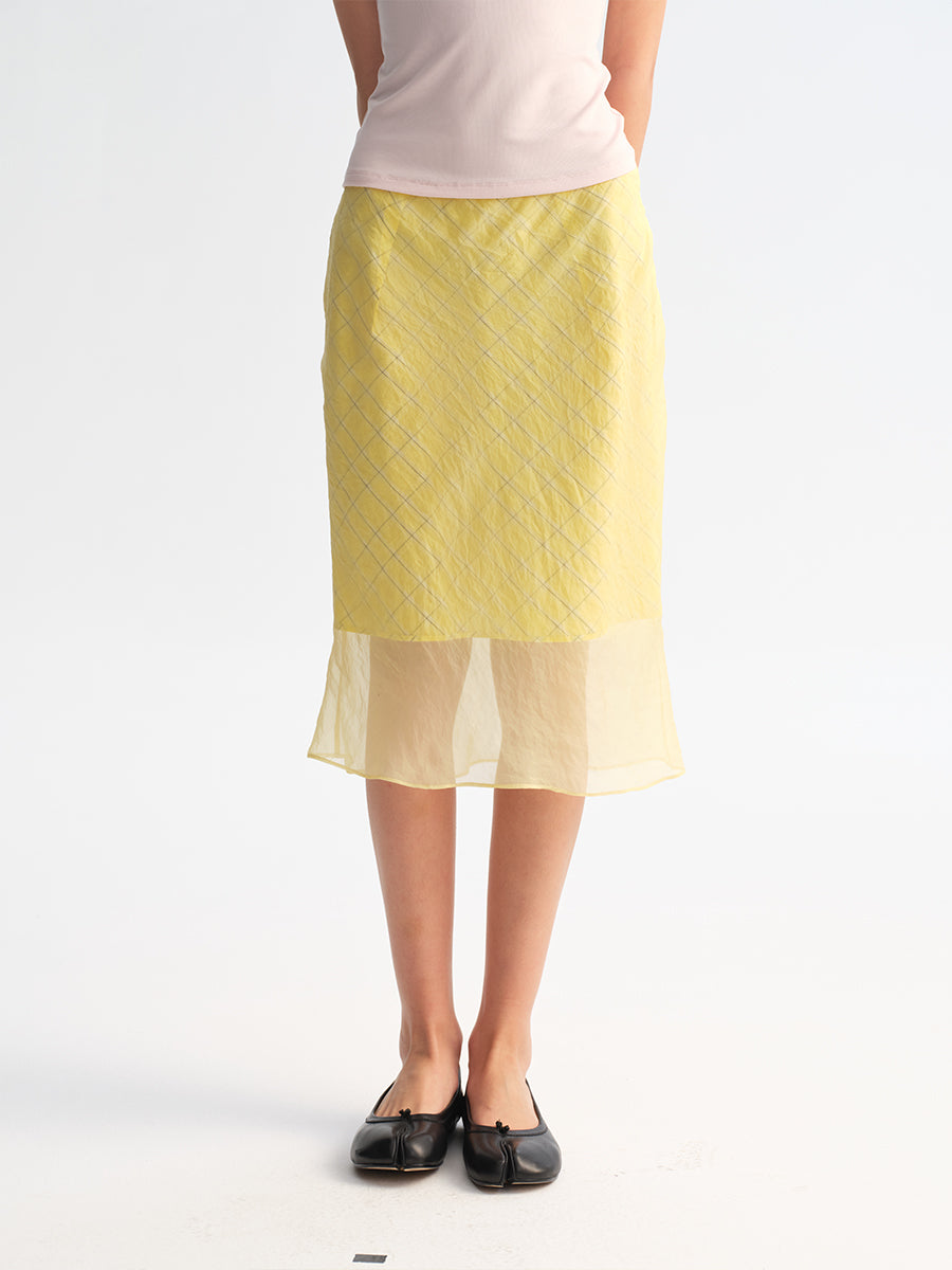 Hughum Yellow plaid midi skirt