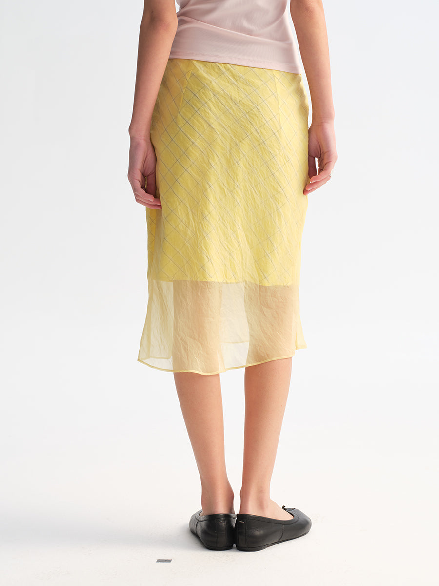 Hughum Yellow plaid midi skirt