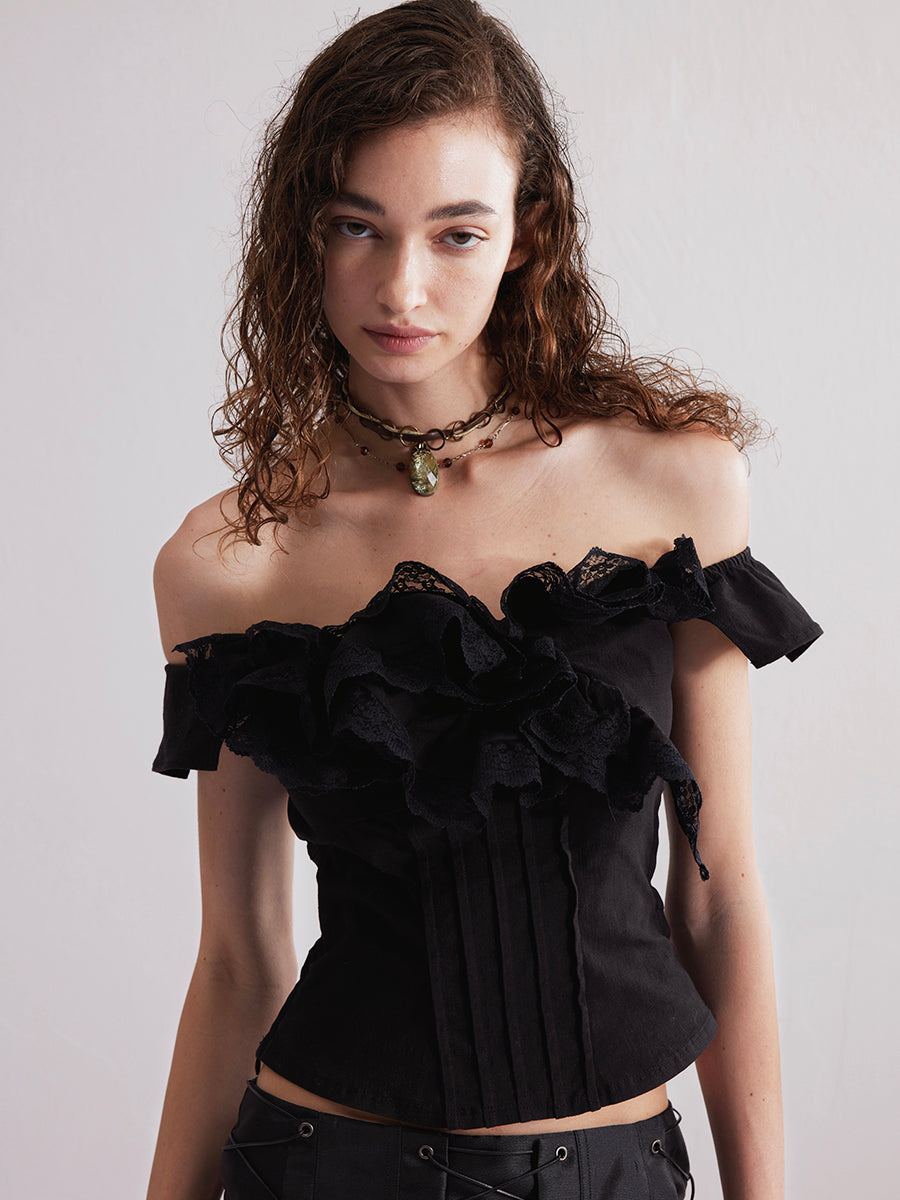 Dotyears24ss Lace roll lace panelled one-shoulder top