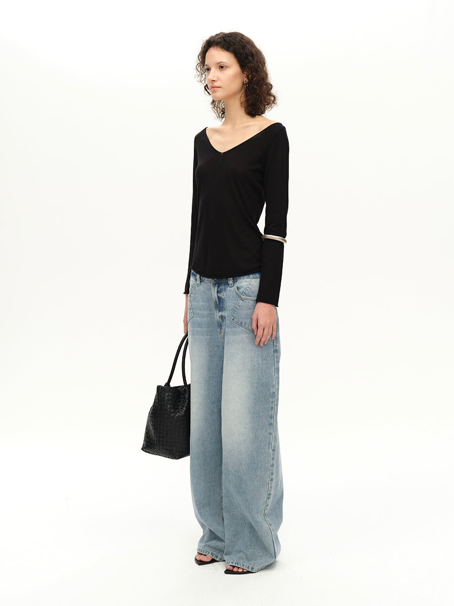 Hughum V-neck Tencel knit cut-out yellow black long sleeves