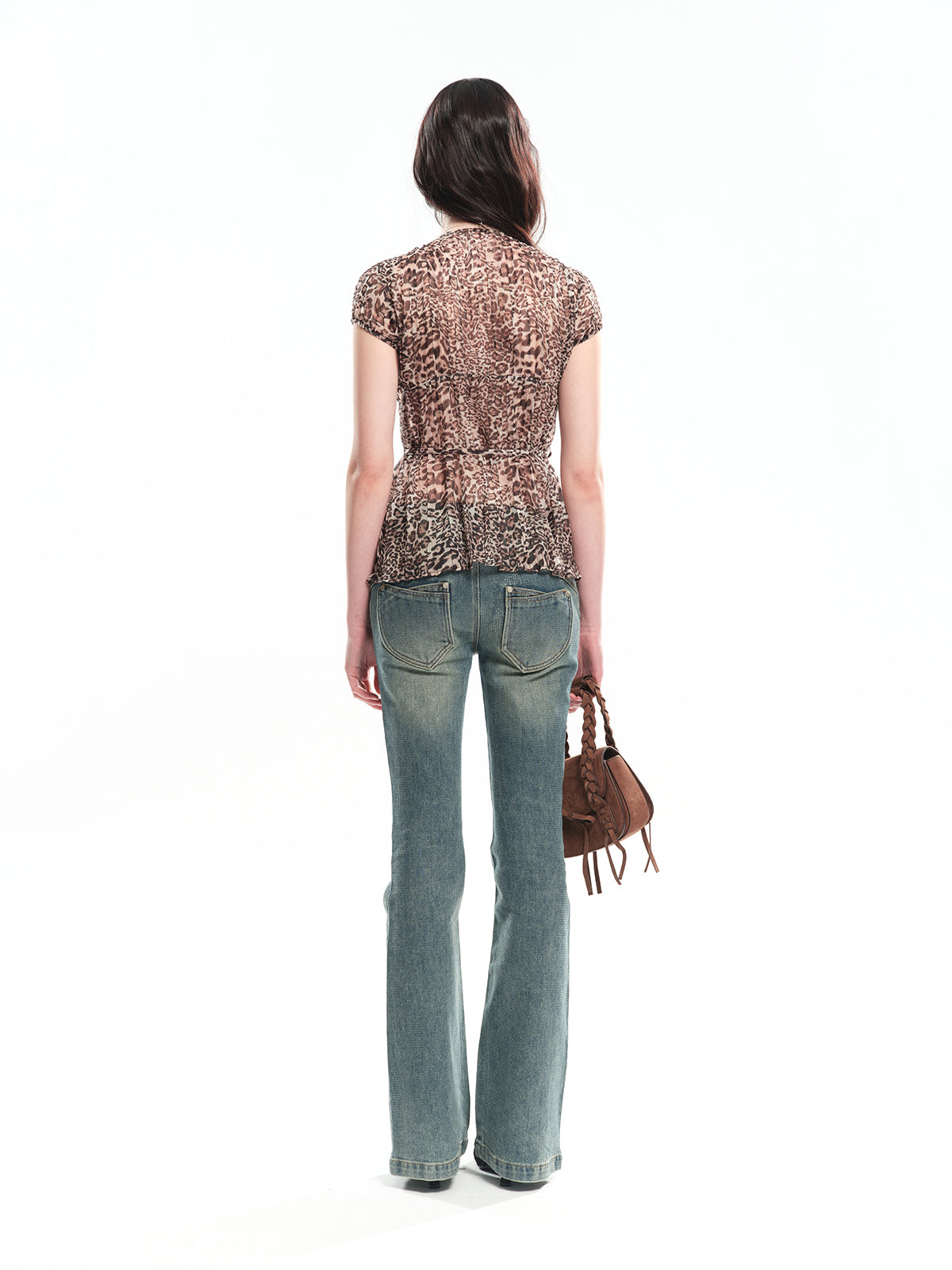 Dotyears Leopard print pullover top with contrast lace trim and tie waist