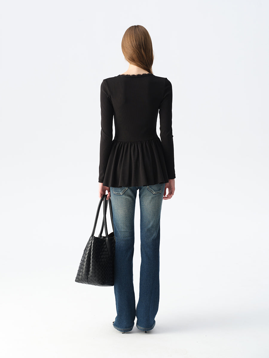 Dotyears Long Black Layering Top with Lace Panels