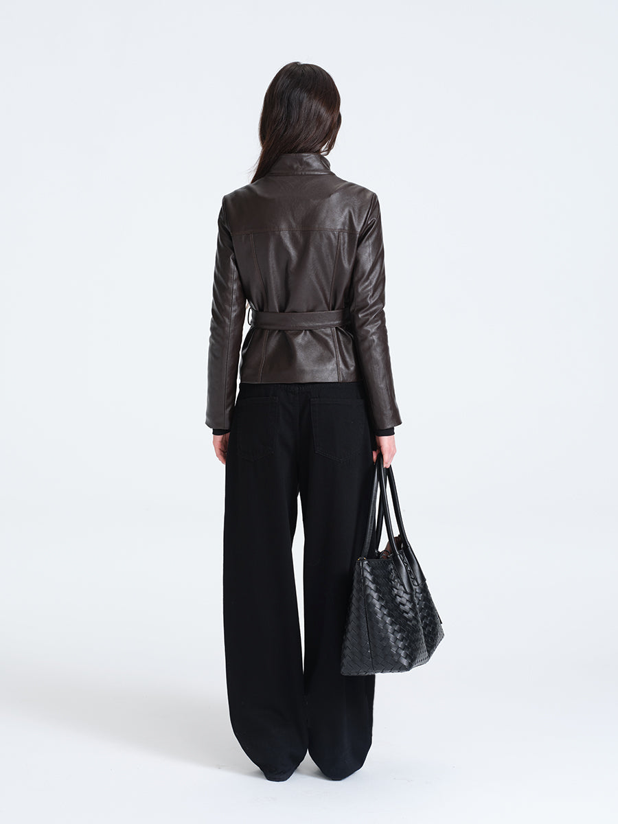 HUGHUM Brown Waisted Leather Jacket