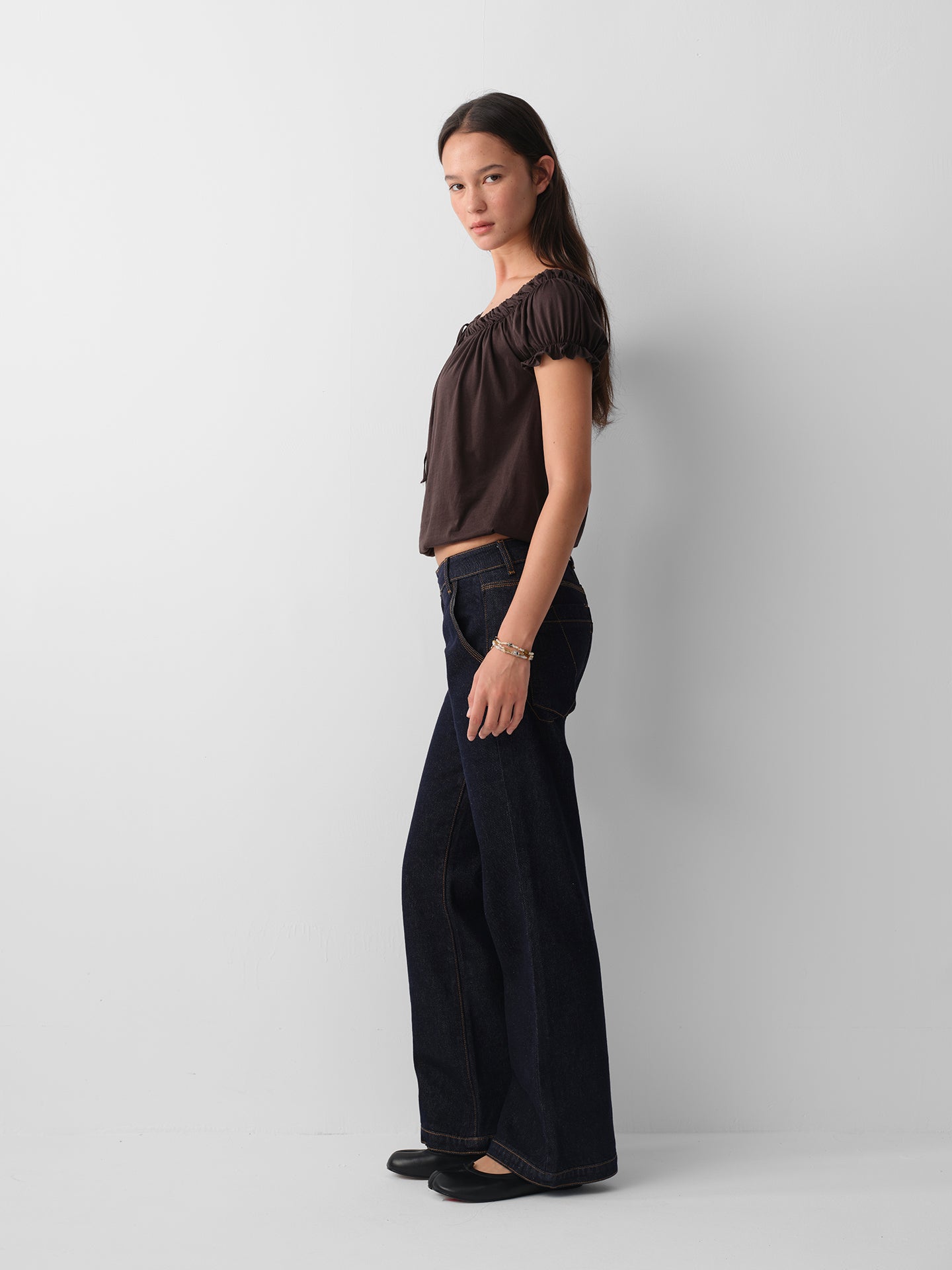 Hughum Cotton-Feel Drawstring Tie Short Sleeve Top