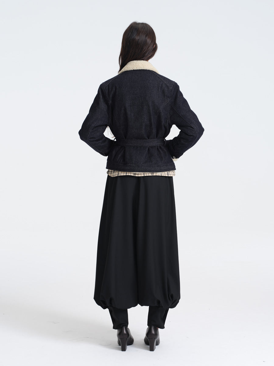 Hughum Lamb's Wool Cotton Denim Asymmetric Placket Coat