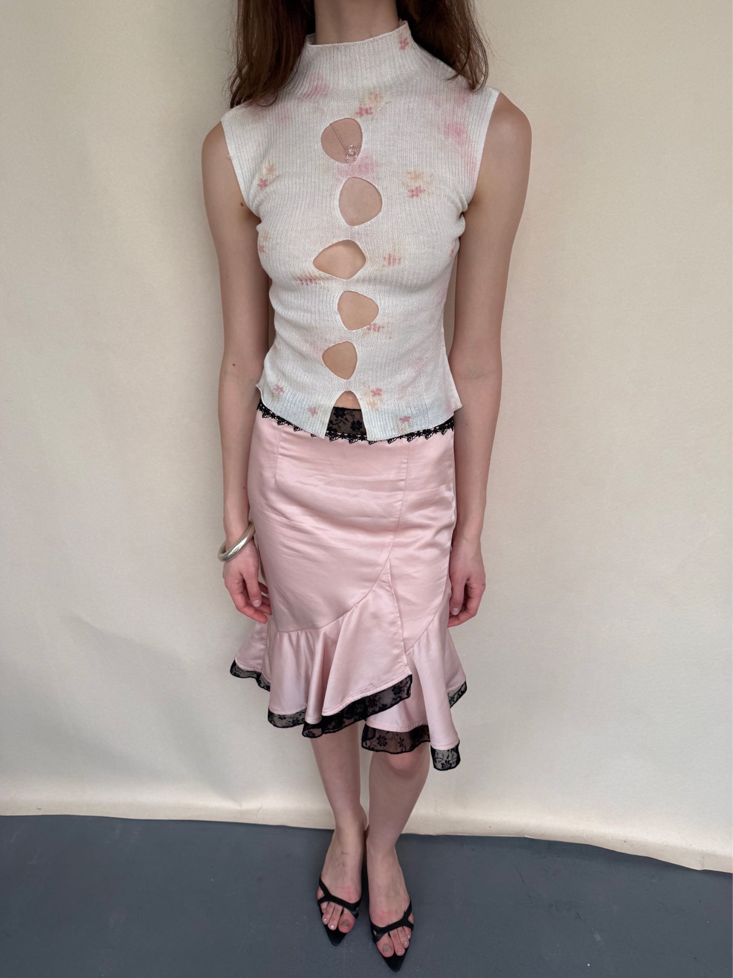 Dotyears Pink Satin Contrast Lace Spliced Midi Skirt
