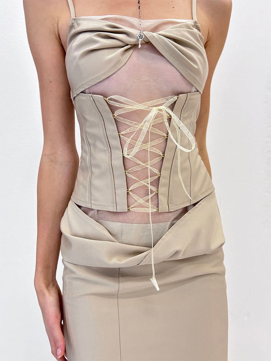 Dotyears24ss Champagne gold-panelled mesh kink set fishtail skirt