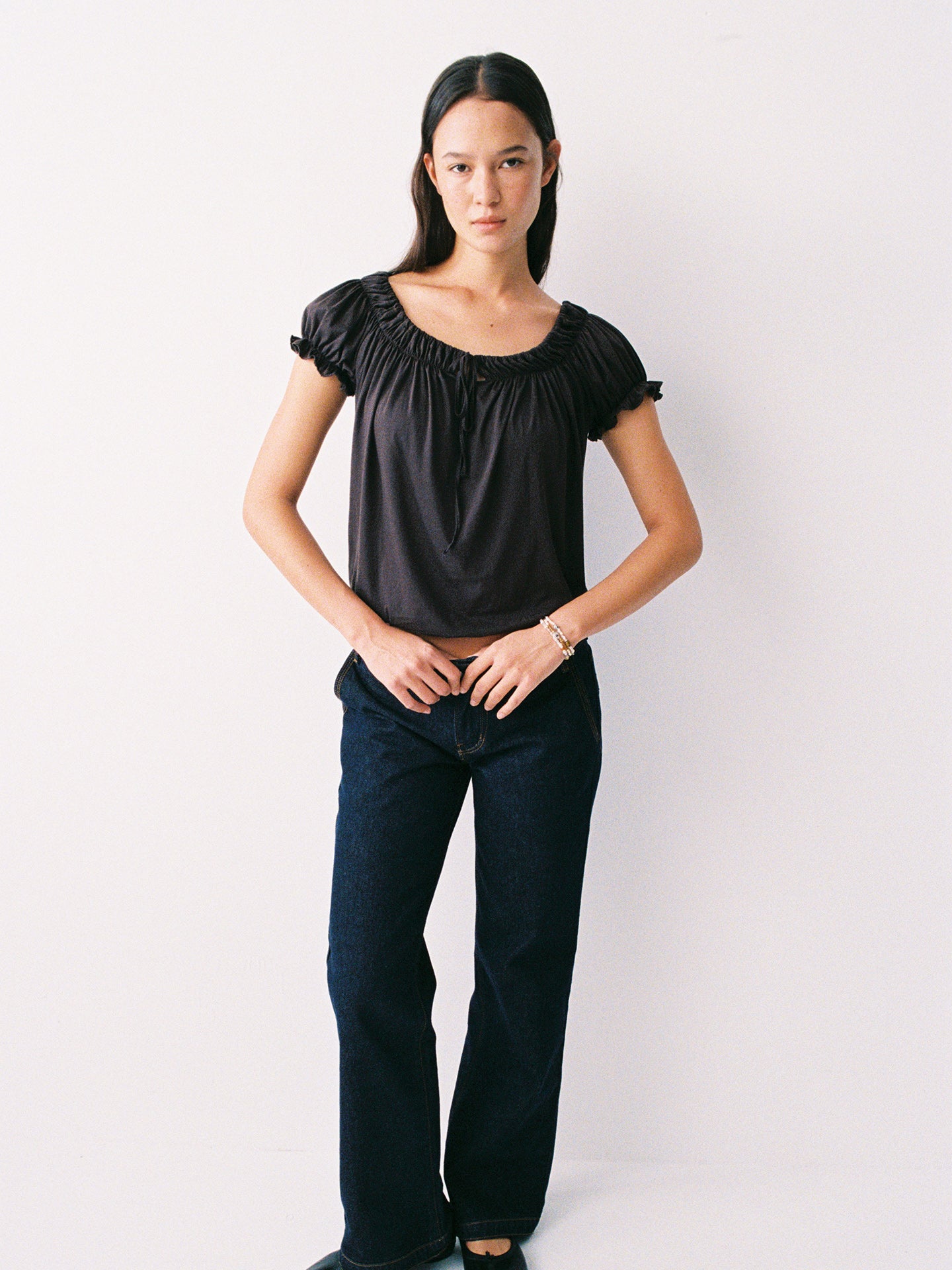 Hughum Cotton-Feel Drawstring Tie Short Sleeve Top