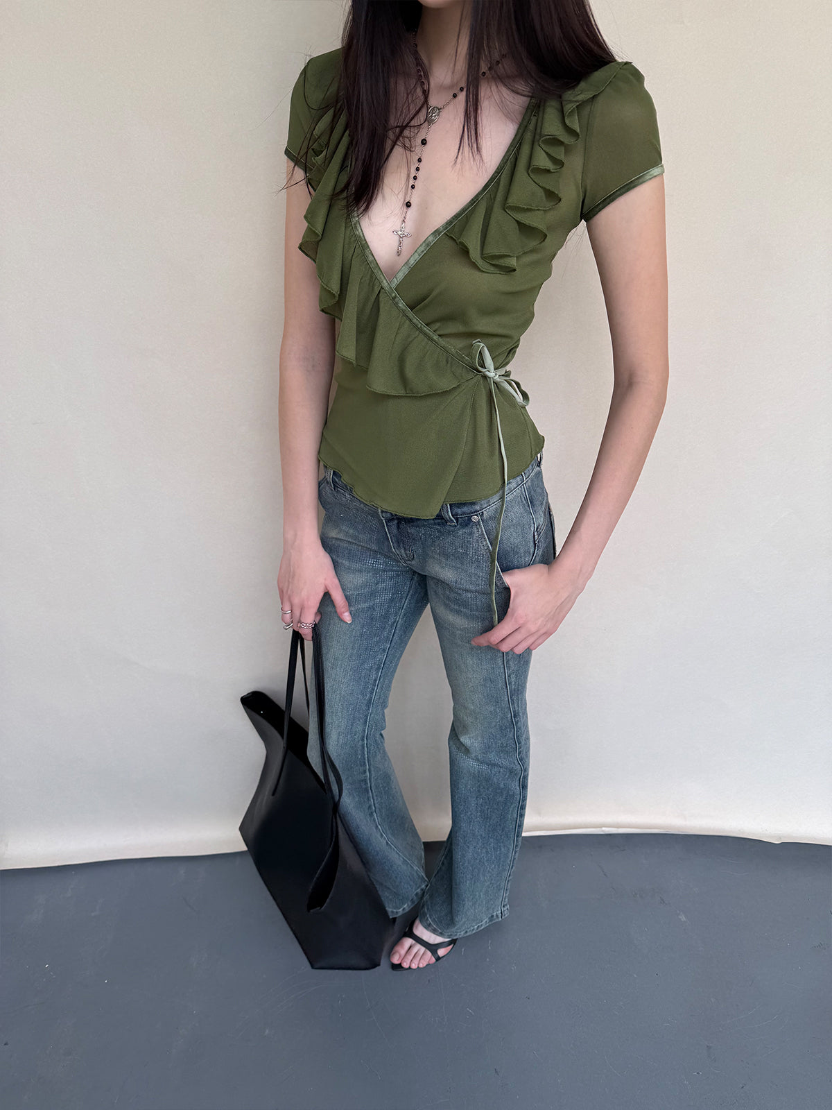 Dotyears Deep V-neck Ruffled Lace-up Acetic Acid Cardigan