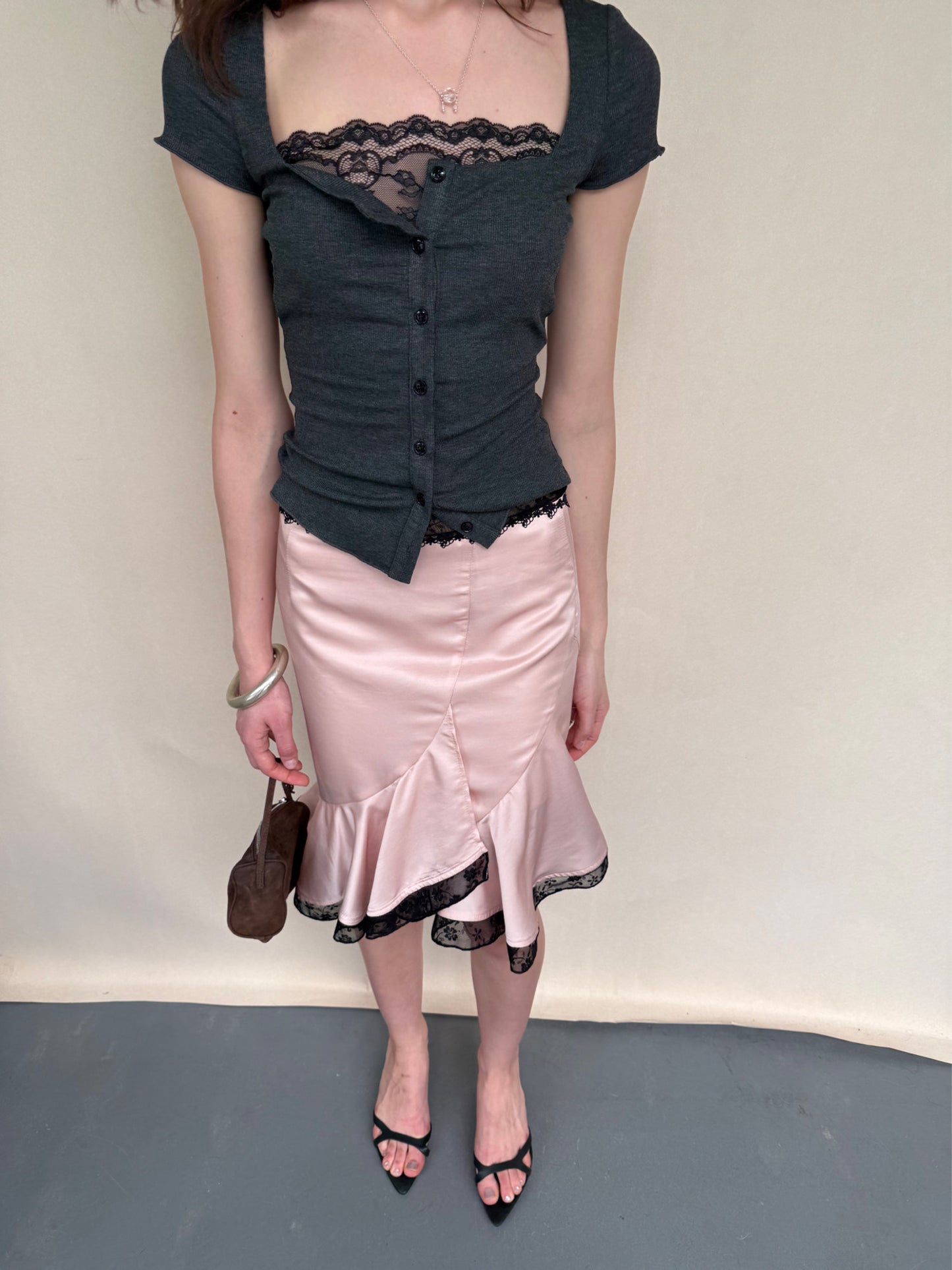 Dotyears Grey Lace Spliced Cardigan Top