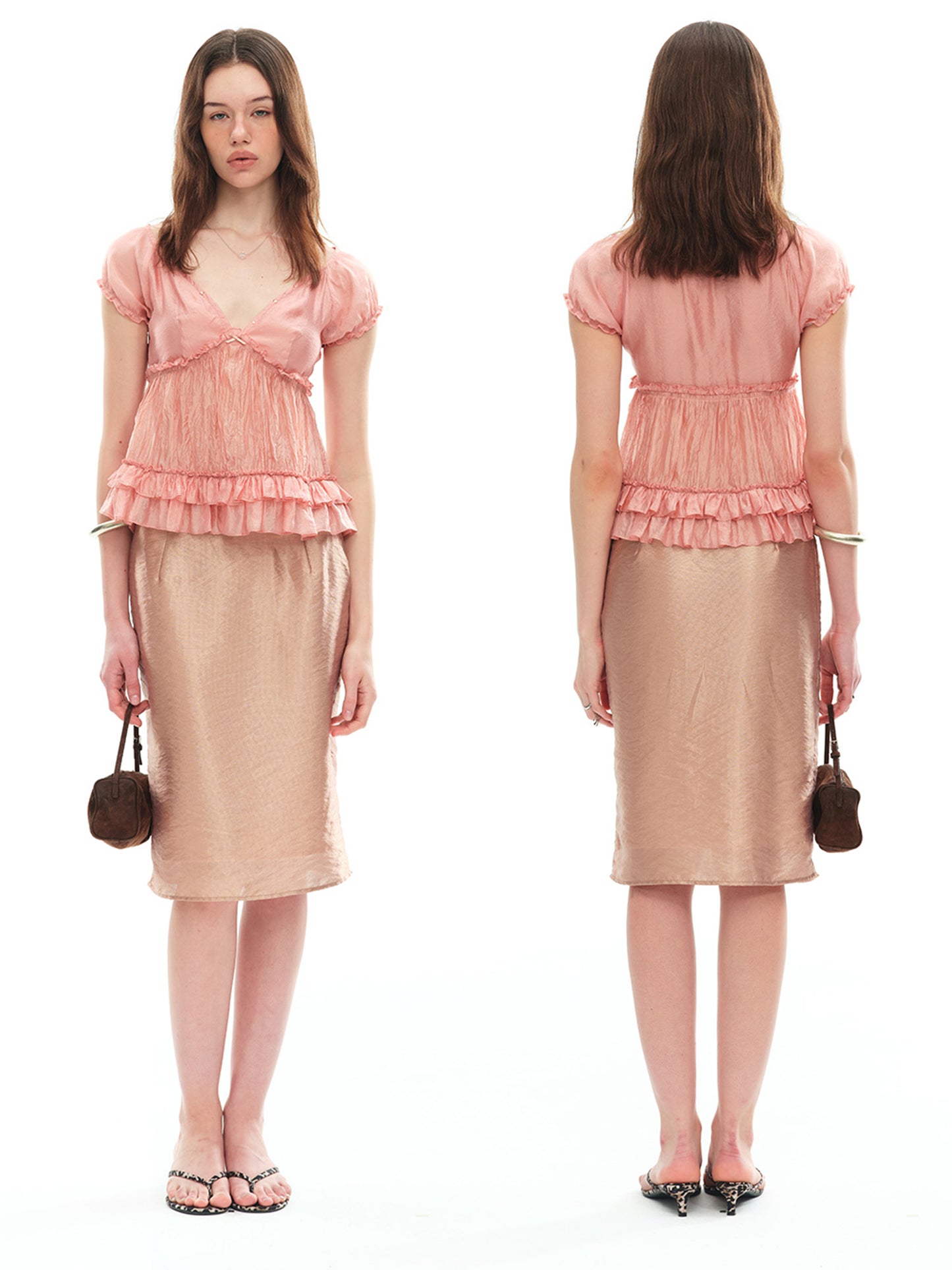 Dotyears V-Neck Viscose A-Line Grapefruit Rhinestone Blouse