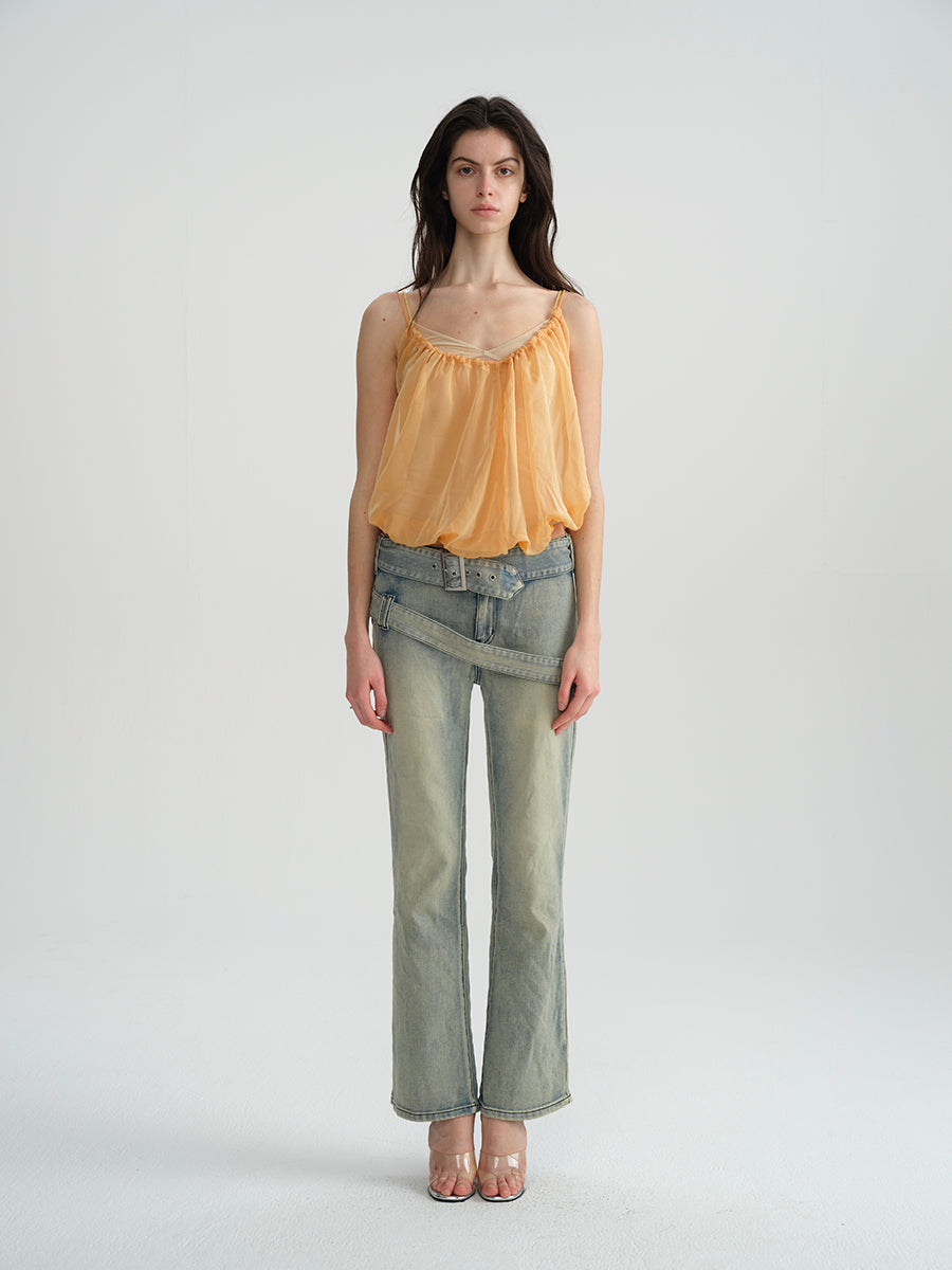 Dotyears Orange and yellow fake two-piece sheer sling