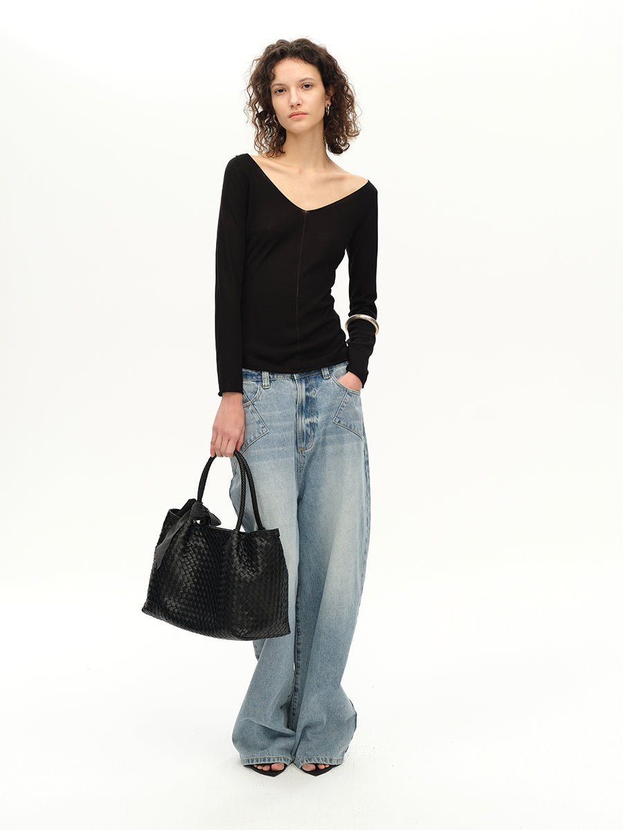 Hughum V-neck Tencel knit cut-out yellow black long sleeves