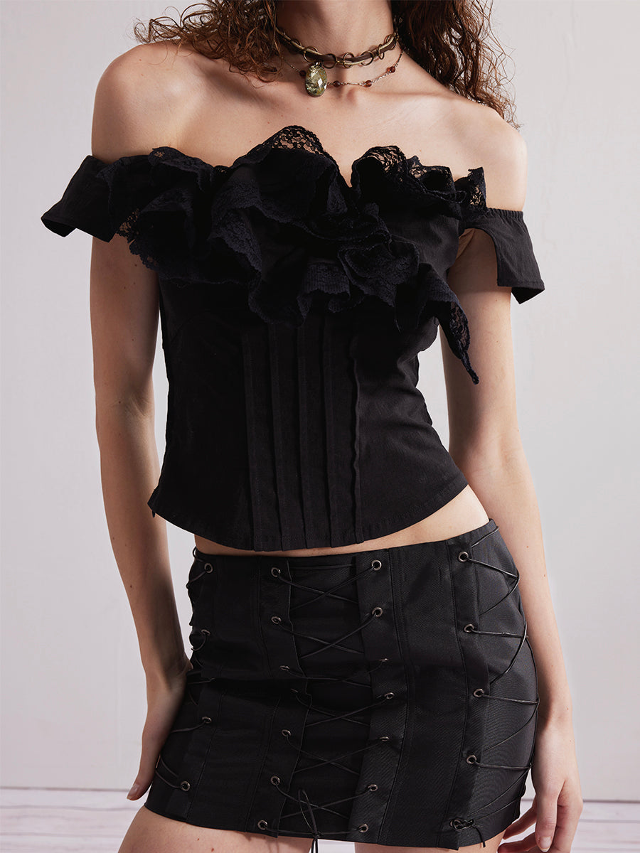 Dotyears24ss Lace roll lace panelled one-shoulder top