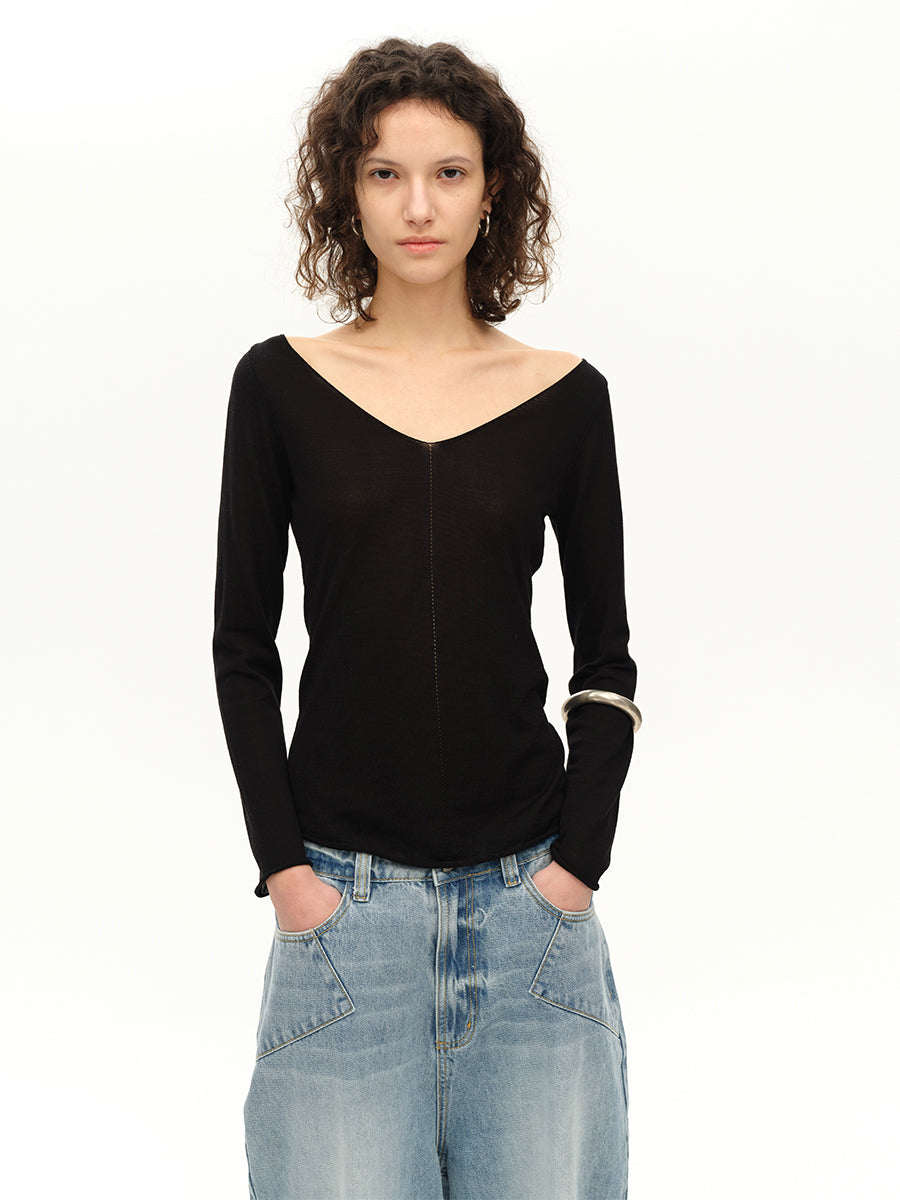 Hughum V-neck Tencel knit cut-out yellow black long sleeves