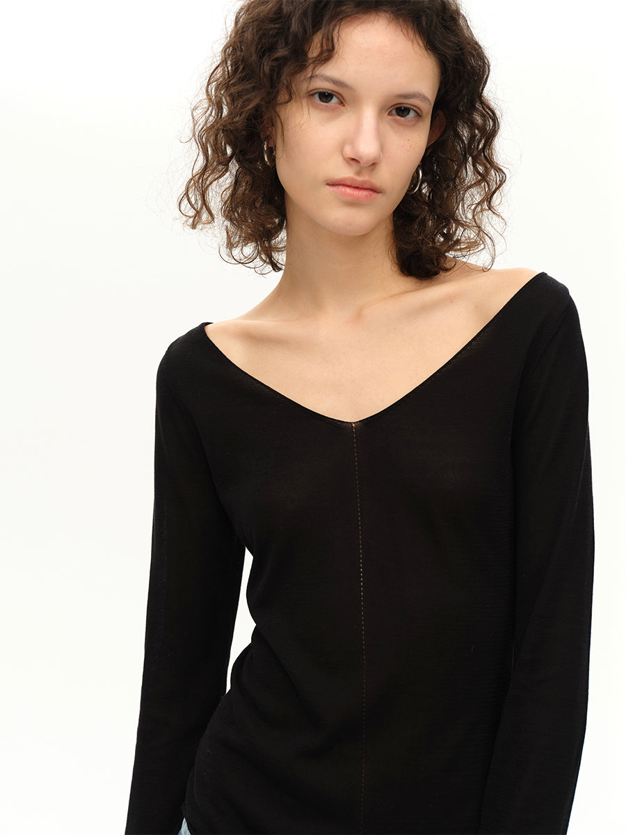 Hughum V-neck Tencel knit cut-out yellow black long sleeves