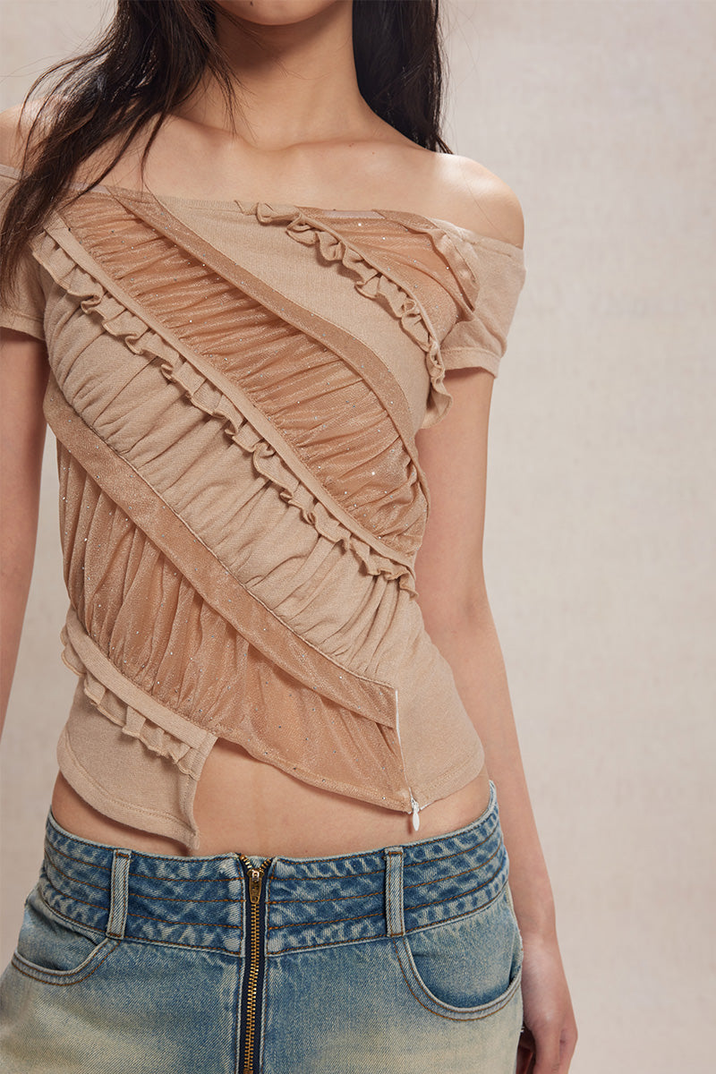 Dotyears24ss Slim-fitting apricot crop top in diamond mesh lace panelled knit