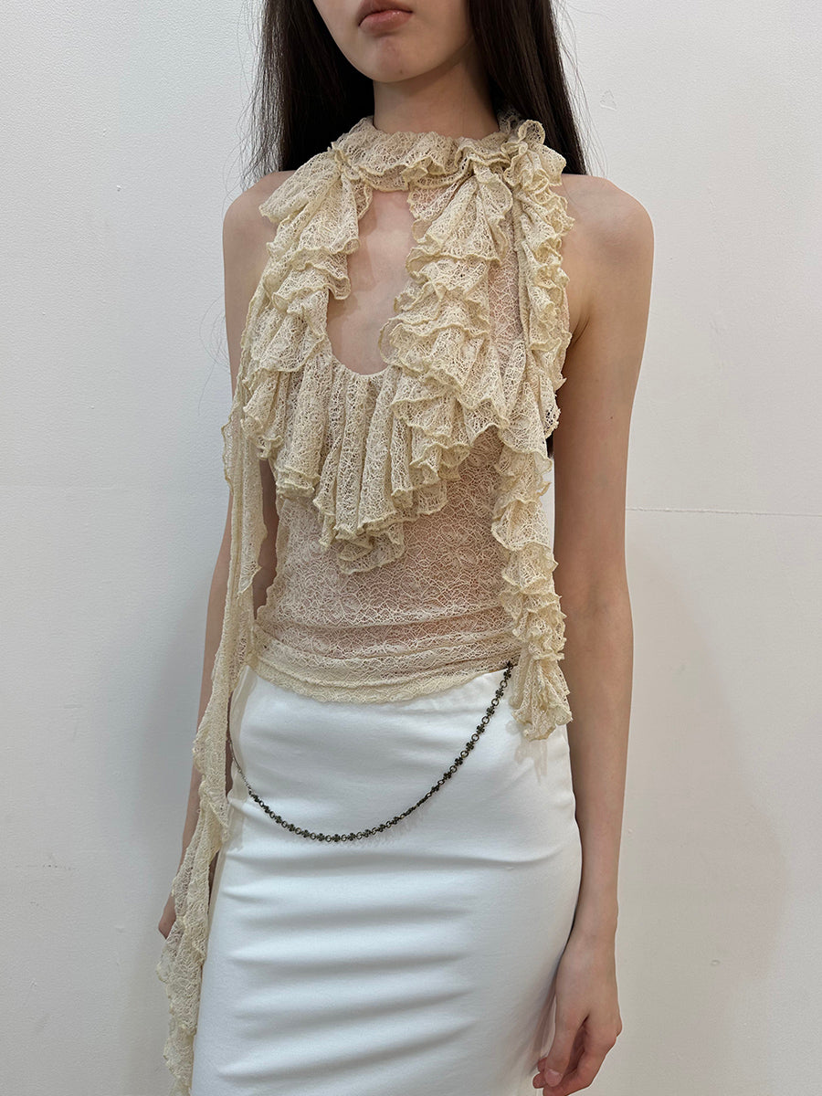 Dotyears Two-tone lace panel halterneck top