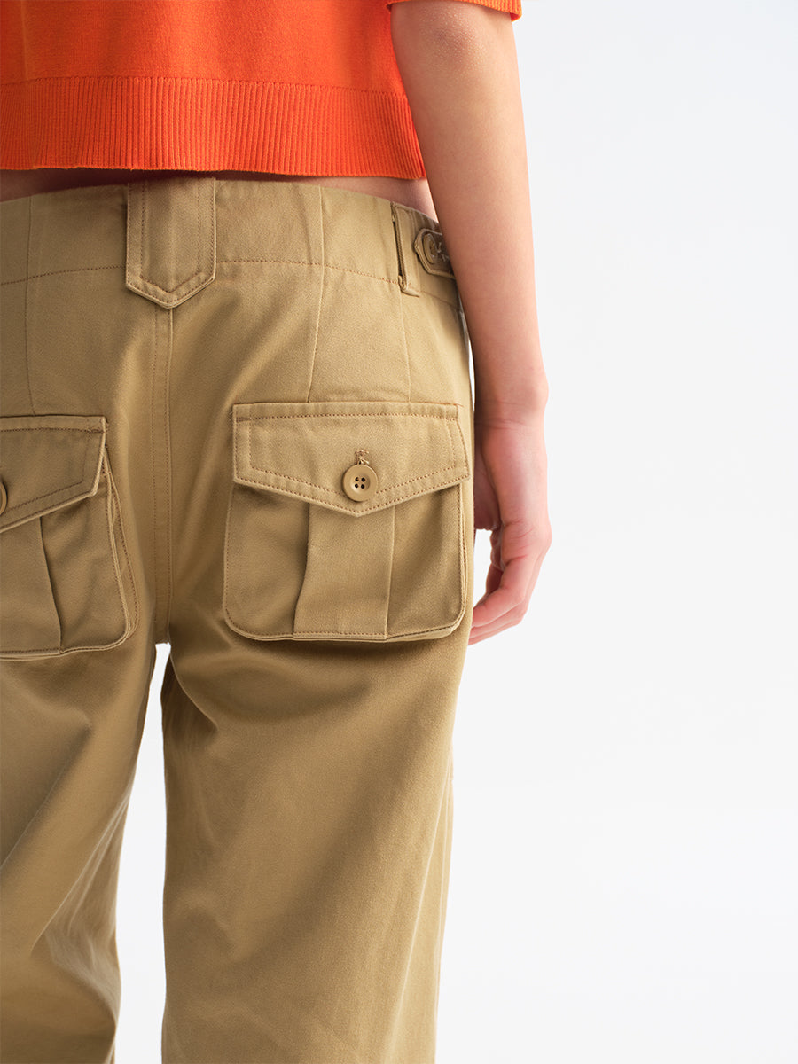 Hughum Khaki low-rise cargo capri pants with pockets
