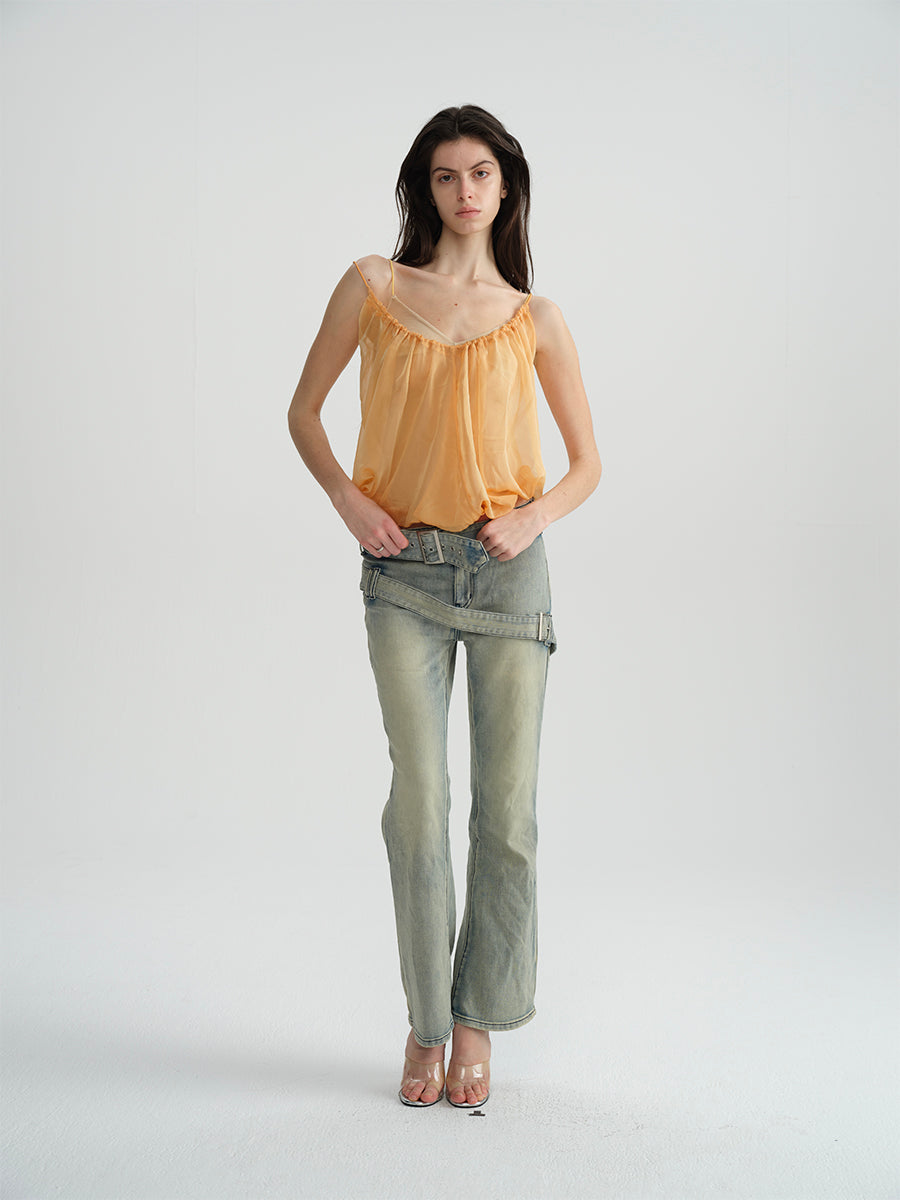 Dotyears Orange and yellow fake two-piece sheer sling