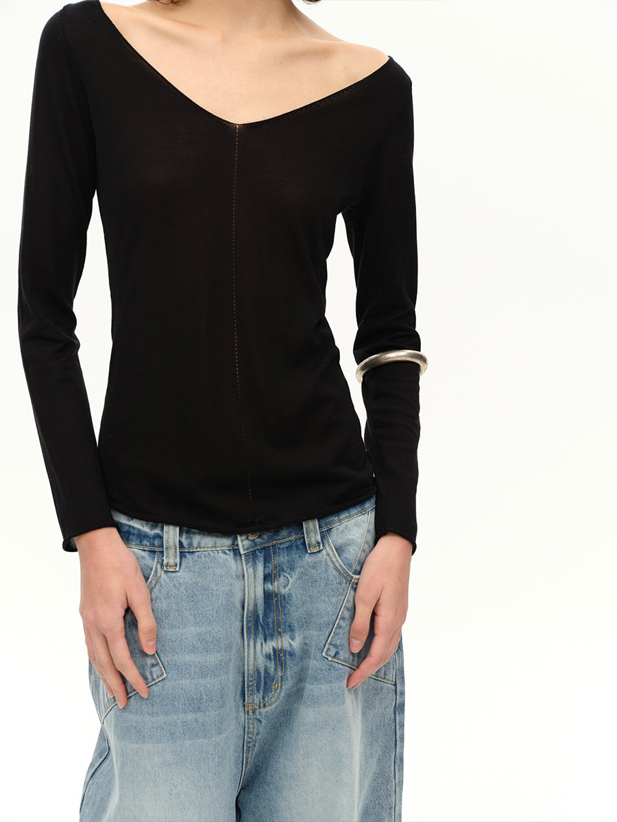 Hughum V-neck Tencel knit cut-out yellow black long sleeves