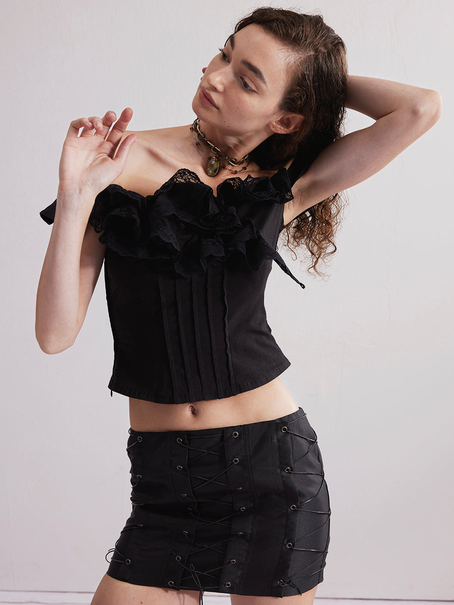 Dotyears24ss Lace roll lace panelled one-shoulder top