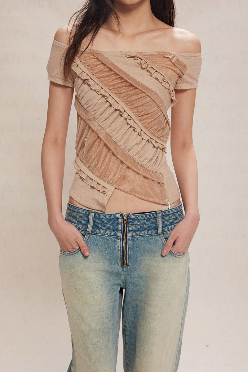 Dotyears24ss Slim-fitting apricot crop top in diamond mesh lace panelled knit