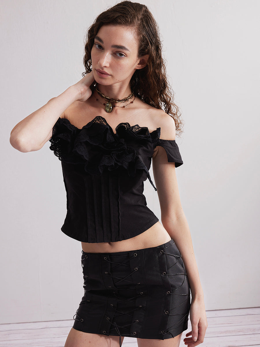 Dotyears24ss Lace roll lace panelled one-shoulder top