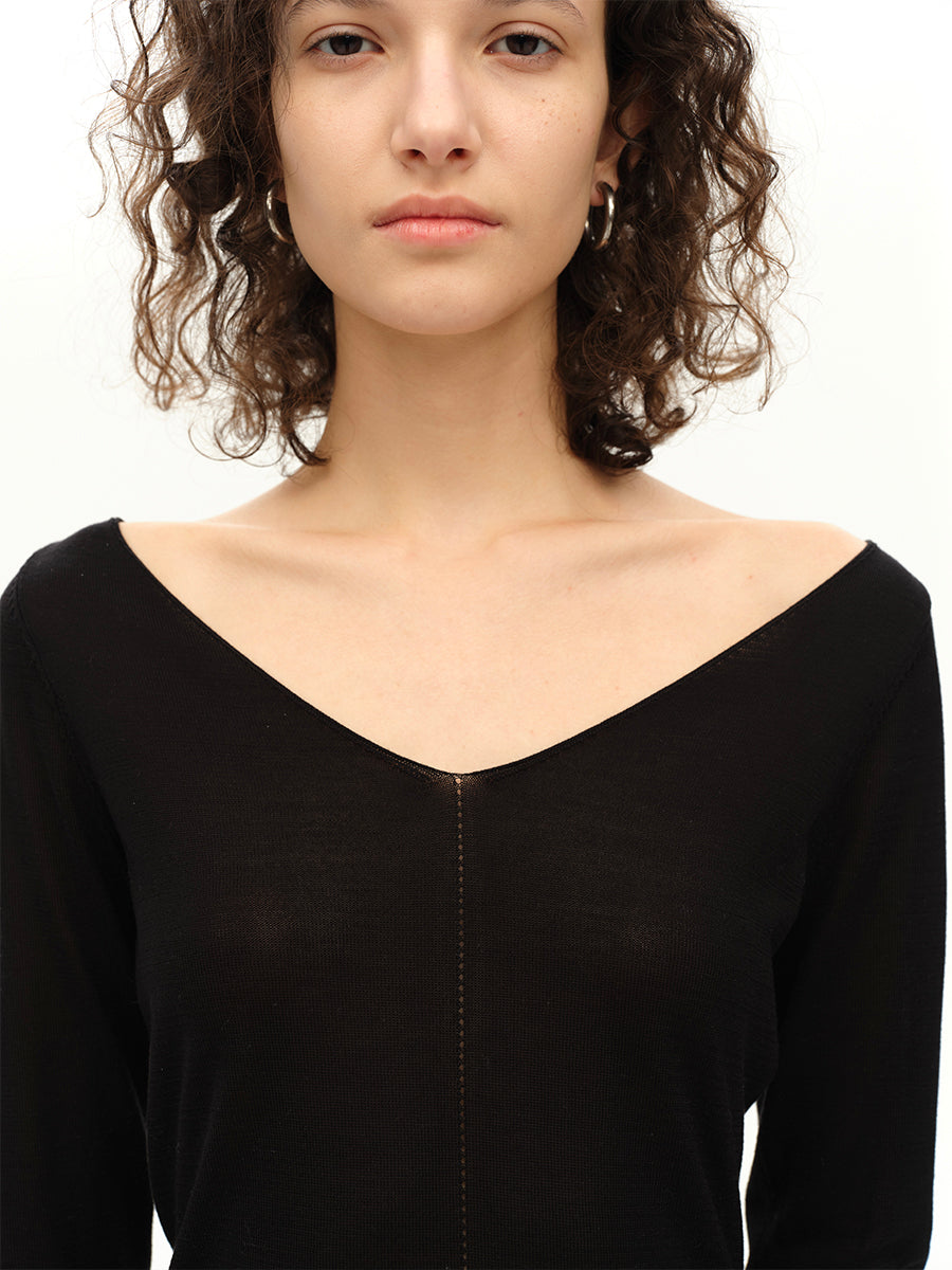 Hughum V-neck Tencel knit cut-out yellow black long sleeves