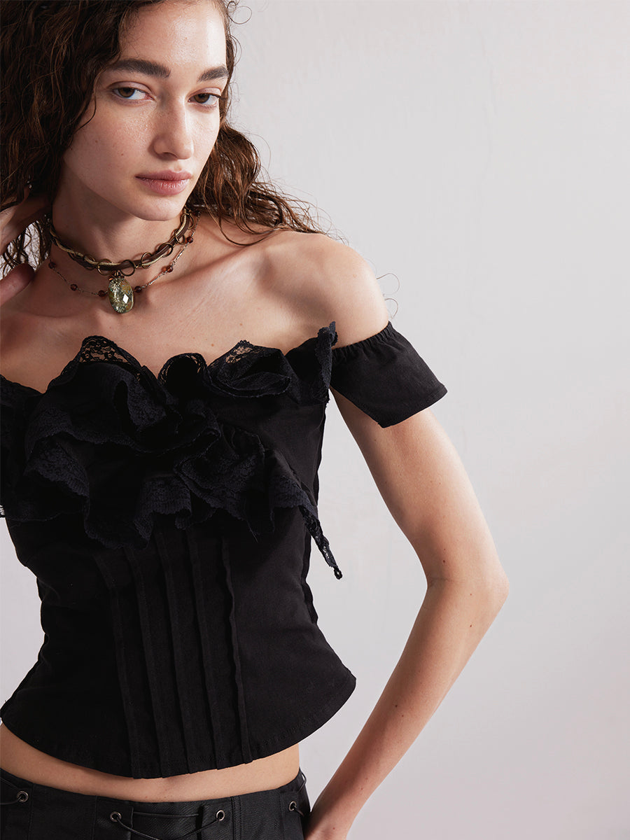 Dotyears24ss Lace roll lace panelled one-shoulder top