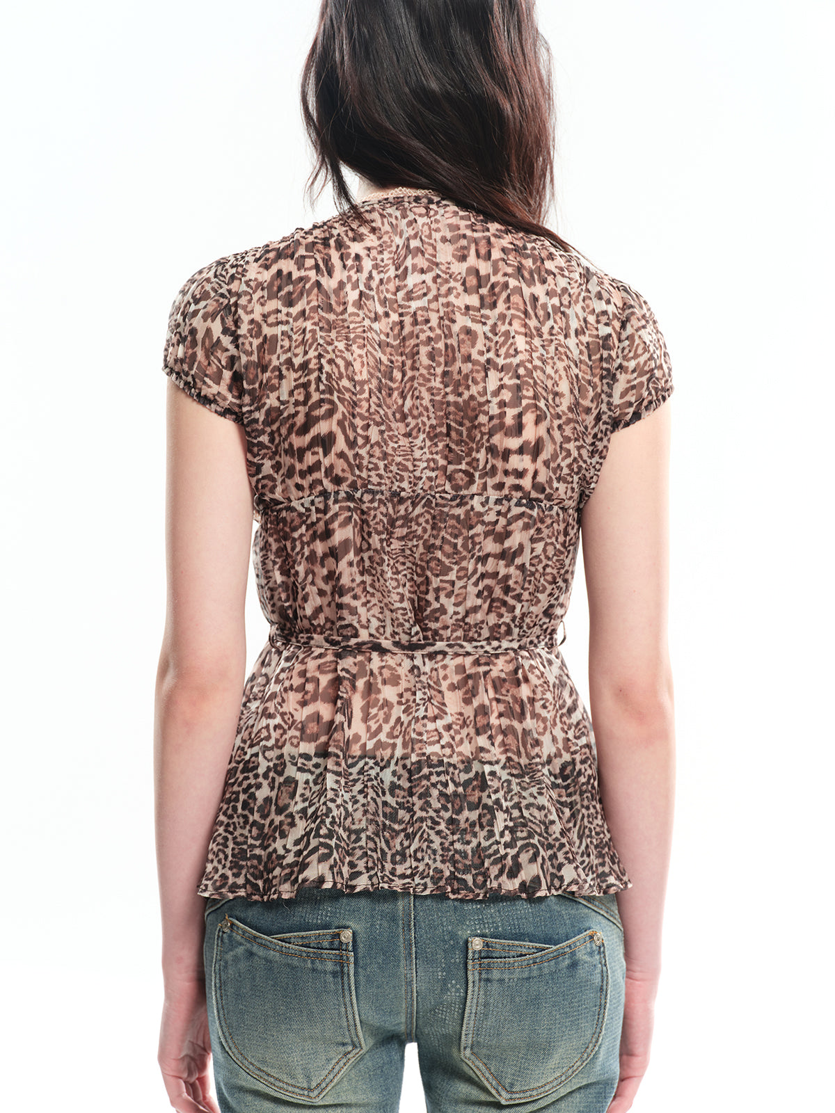 Dotyears Leopard print pullover top with contrast lace trim and tie waist