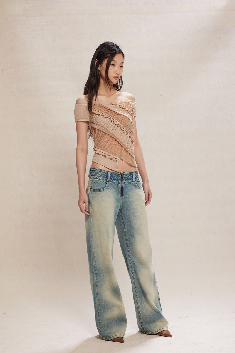 Dotyears24ss Slim-fitting apricot crop top in diamond mesh lace panelled knit