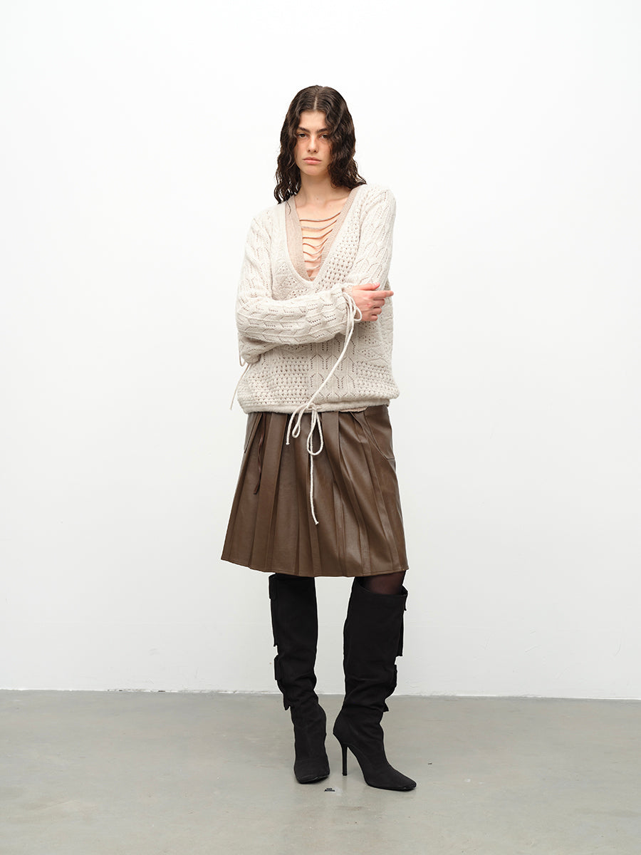 Dotyears24AW Heavy industry machine eye lace brown pleated leather skirt