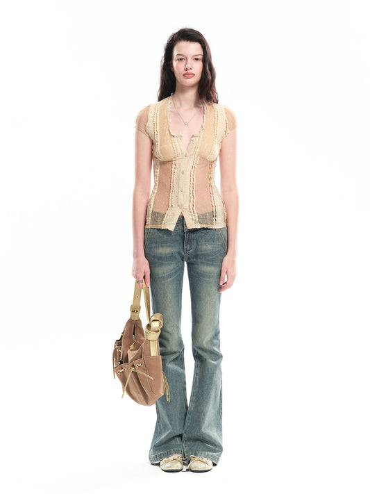 Dotyears U-neck lace patchwork top