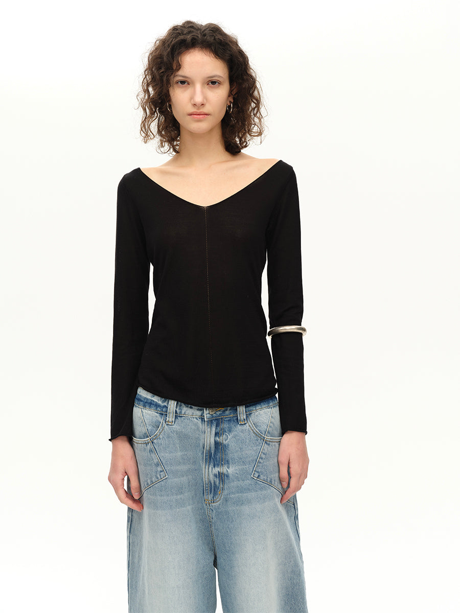 Hughum V-neck Tencel knit cut-out yellow black long sleeves