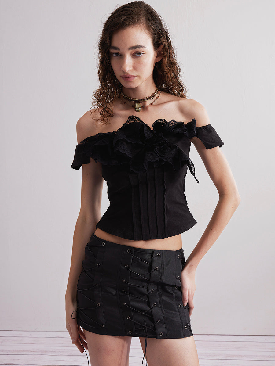 Dotyears24ss Lace roll lace panelled one-shoulder top