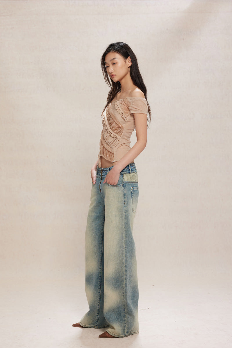 Dotyears24ss Slim-fitting apricot crop top in diamond mesh lace panelled knit