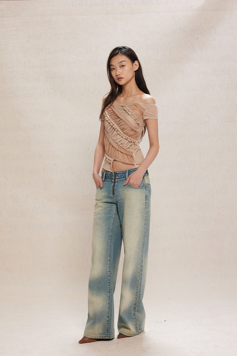 Dotyears24ss Slim-fitting apricot crop top in diamond mesh lace panelled knit